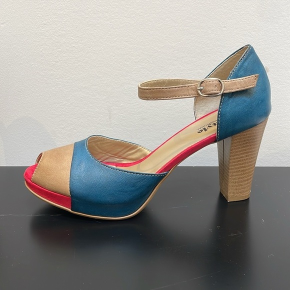 Le Style open toe strap leather heels 6.5 platform pink blue nude summer shoe - Picture 4 of 11